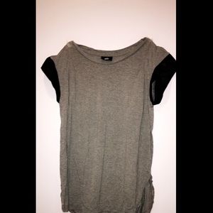 Grey tee shirt with leather sleeves